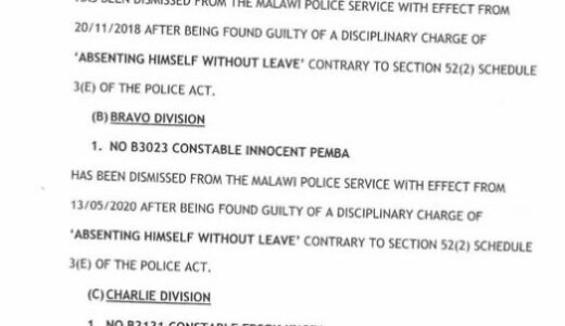 Malawi Police fires ten officers on various disciplinary charges including “boozing on duty”