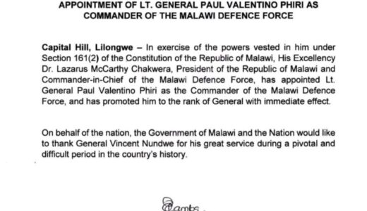 EXIT VINCENT NUNDWE: Chakwera appoints new army commander