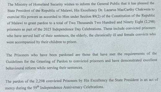 Chakwera pardons 2,298 prisoners