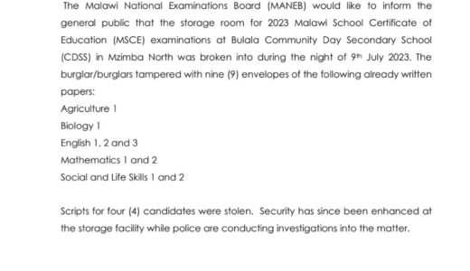 MANEB to administer differed MSCE exams to four candidates whose exam papers were stolen in Mzimba