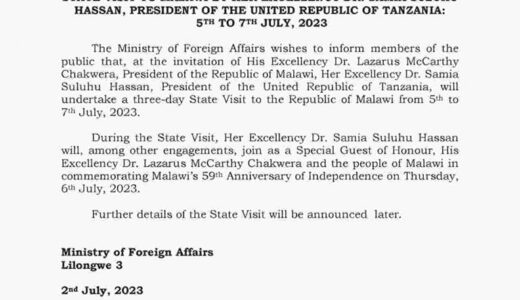 Tanzanian President Dr Samia Hassan to be Guest of Honour at Malawi’s 59th Independence Anniversary