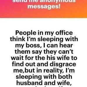 “I’m sleeping with my boss and his wife” – Lady spills beans