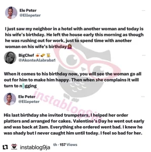 I just saw my neighbor’s husband with another woman in a hotel on her birthday – Lady reveals