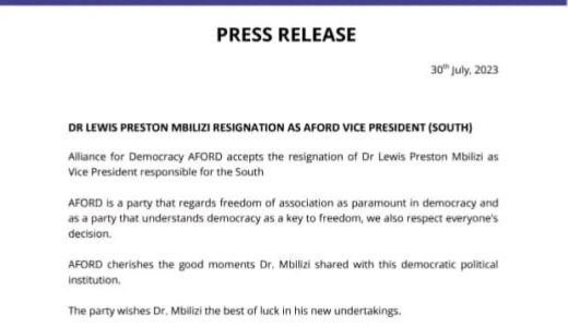 AFORD Vice President Lewis Preston Mbilizi resigns