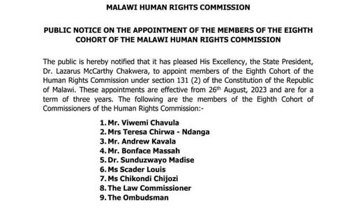 President Chakwera Appoints New Commissioners for Malawi Human Rights Commission