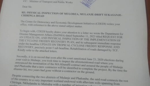 CDEDI pens Chilima over Mulodza, Mulanje-Drift Sukasanje-Chiringa Road