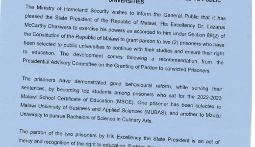 Chakwera pardons two prisoners selected to public universities