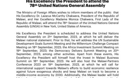 Chakwera leaves for New York today amid looming hunger