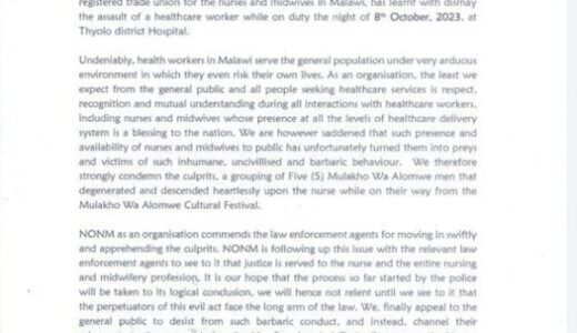 Nurses’ Union Condemns Assault on Thyolo Hospital Nurse by Patient-Guardians