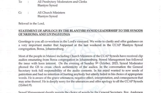 Blantyre Synod apologizes to Nkhoma, Livingstonia Synods