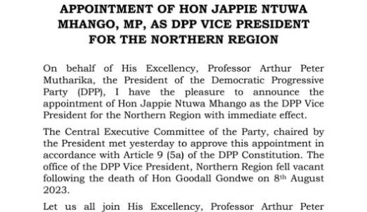 Jappie Mhango appointed as DPP Vice President for North