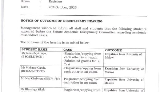 University of Malawi expels five for cheating