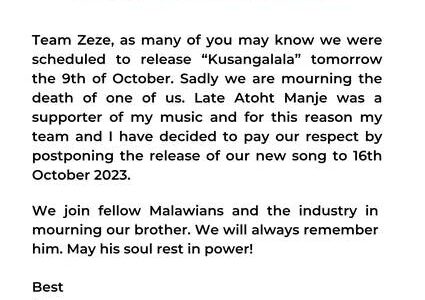 Musician Zeze Kingston postpones release of new hit single to mourn Atoht Manje