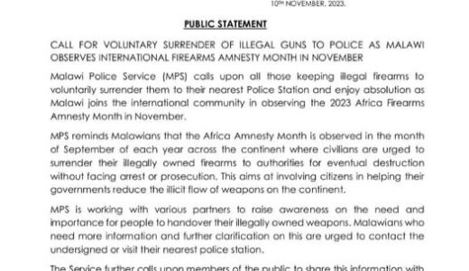 Malawi Police Announces Amnesty for Illegal Guns Surrender throughout November