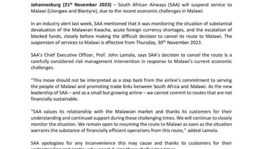 South African Airways Cancels Malawi Following Devaluation Of Kwacha