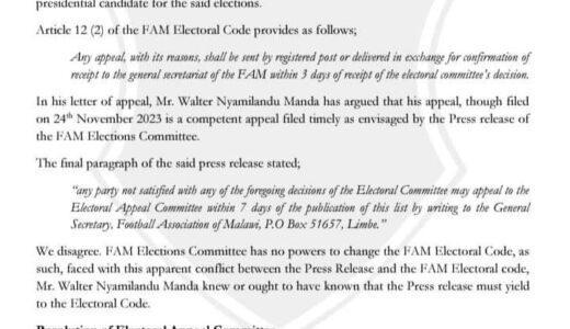 FAM Dismisses Nyamilandu’s appeal against Fleetwood Haiya’s Nomination