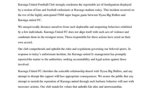 Karonga United distanced itself from yesterday’s hooligans