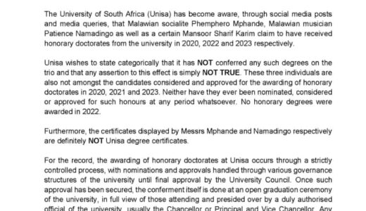 UNISA denies offering honourary degree to Pemphero Mphande, Namadingo