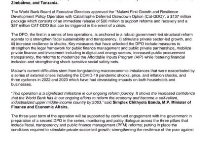 Word Bank Approves Budget Support Package to Malawi