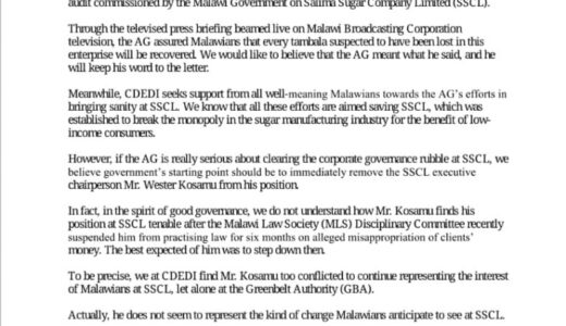 CDEDI presses for removal of Kosamu at Salima Sugar Company