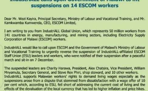 Industrial Global Union asks govt to lift suspension of 14 ESCOM employees over strike