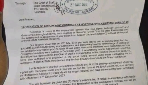 Malawi State house fires ‘gardener’ for exposing scandals