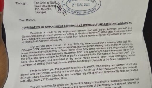 Tiyamike Mlangeni fired at State House