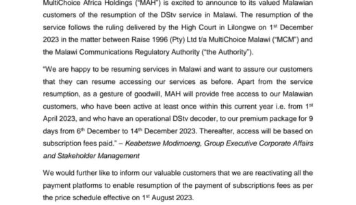 MultiChoice announces resumption of DSTV services in Malawi