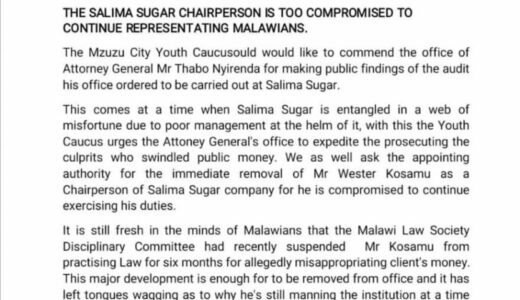 Mzuzu Caucus drumming for expulsion of Salima Sugar Executive Chairperson Kosamu