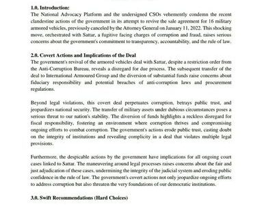 Civil Society Organizations Demand Suspension of Sattar Arms Deal