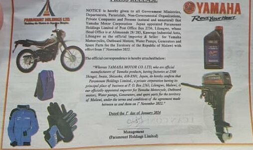 Paramount Holdings Ltd certified by Japanese Yahama Motors as legit importer & seller of YAMAHA PRODUCT for Malawi
