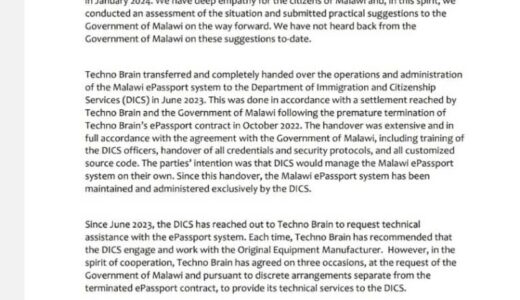 Techno Brain dismisses Malawi Govt lies on Passport