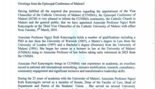 Prof Ngey Ruth Kanyongolo appointed as Catholic University Third Vice Chancellor