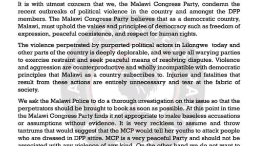 MCP distances itself from Lilongwe fracas, faults “warring parties” in DPP