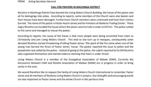 Religious battle in Machinga: Muslims burn Church , followers assaulted