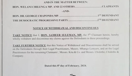 Sameer Suleman withdraws case against Chaponda