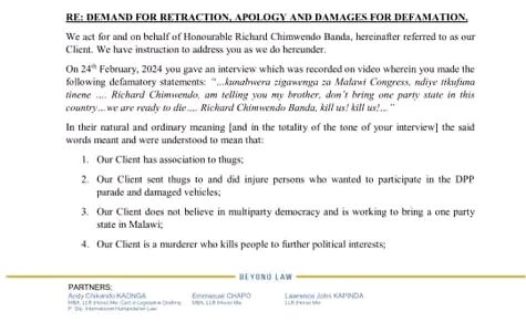 Chimwendo seeks apology from DPP’s Liwemba for character assassination, demands K700m for damages