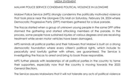 Malawi Police condemns political violence in Lilongwe, says several    people injured, 7 vehicles damaged