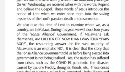 PASTORAL LETTER BY CATHOLIC BISHOPS: Tonse Alliance government has failed Malawians, Chakwera has taken us to Bagamoyo (The land of slavery