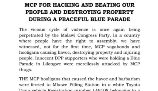 NAMALOMBA CONDEMNS HACKING AND BEATING UP OF DPP MEMBERS AT MBOWE IN LILONGWE