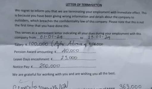 Worker fired for allegedly leaking information…As immigration stormed Njewa based Credible Investments Limited