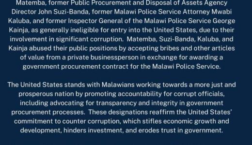 Breaking News: USA bars top Malawi govt officials over corruption charges