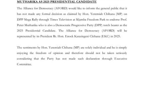 AFORD blasts Yeremiah Chihana for endorsing Mutharika