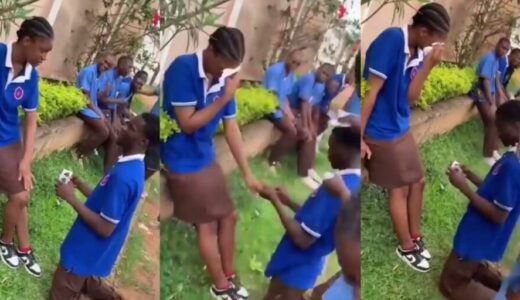 Secondary School Boy Proposes To Girlfriend Infront Of Their Colleagues On Campus, Video Goes Viral