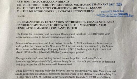 CDEDI takes Attorney General head on over misappropriated funds at Salima Sugar Company